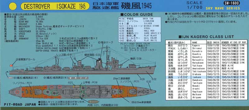W87 1/700 日本海軍 駆逐艦 磯風 1945