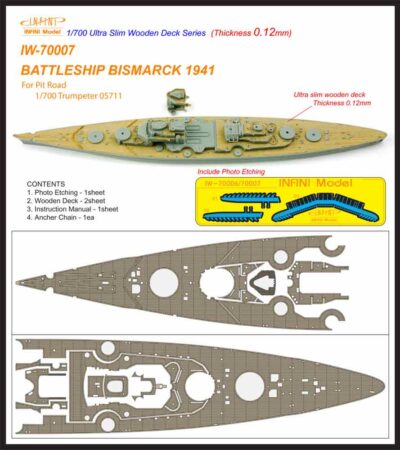 IW7007 1/700 ドイツ海軍 戦艦 ビスマルク 1941(ピットロード)用 木製甲板 エッチングパーツ、アンカーチェーン付き