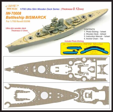 IW7008 1/700 ドイツ海軍 戦艦 ビスマルク 1941(R社05098)用 木製甲板 エッチングパーツ、アンカーチェーン付き