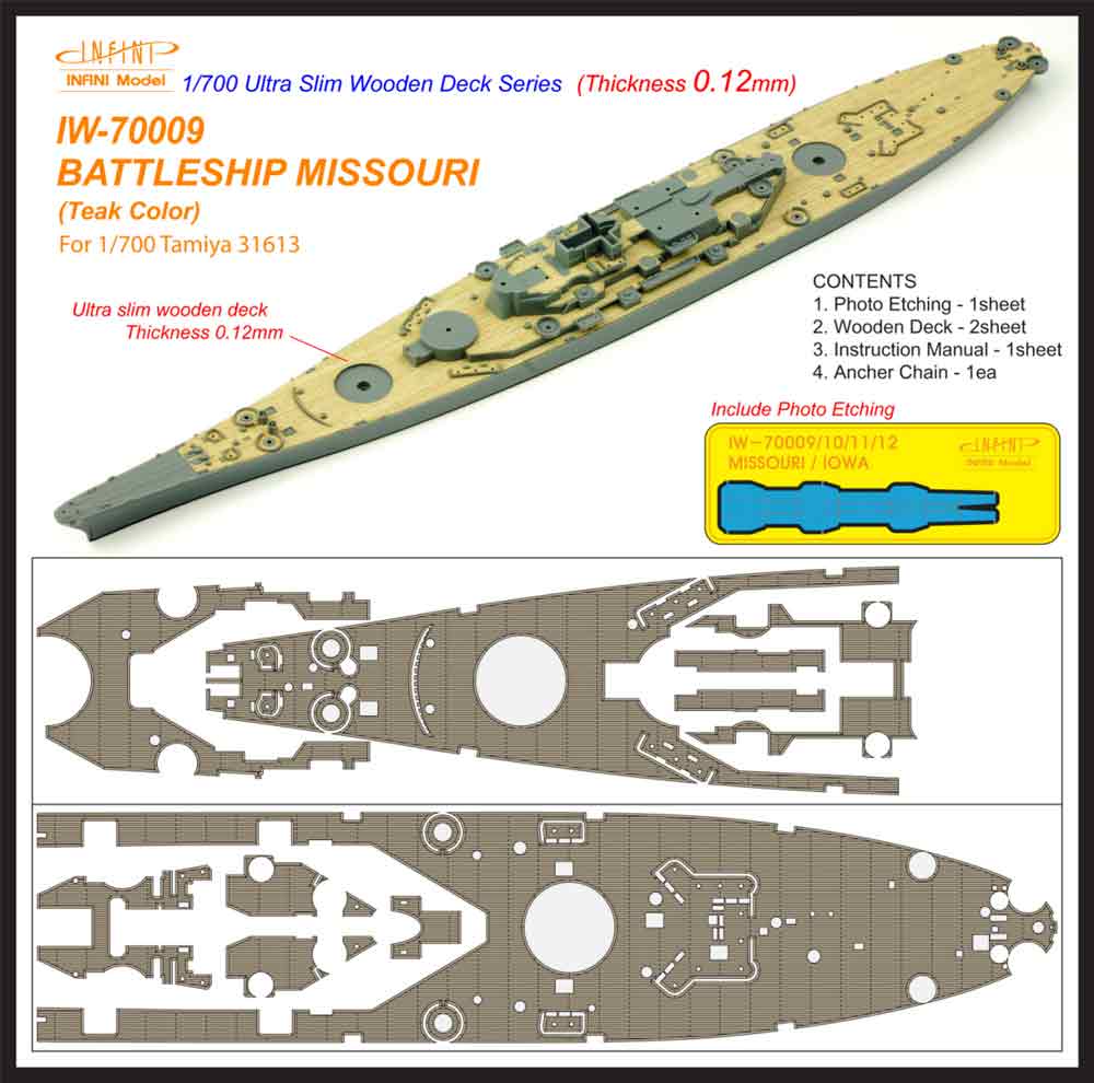IW7009 1/700 アメリカ海軍 戦艦 ミズーリ(T社31613用)用 木製甲板 チーク材色 エッチングパーツ、アンカーチェーン付き